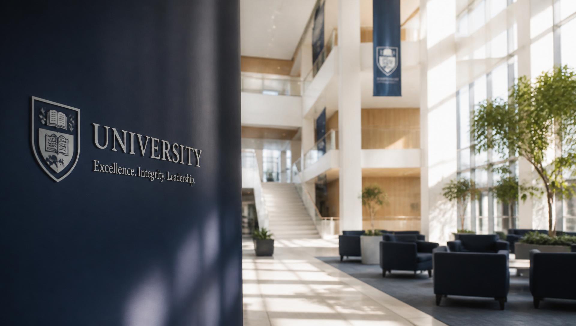 Modern university atrium in navy and white tones